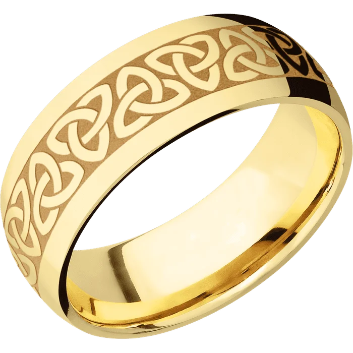 Ladies eye-catching bold rings -8mm wide Domed 18k Yellow Gold Ring with Polish Finish / Celtic Trinity Design and Gold Cerakote Accents