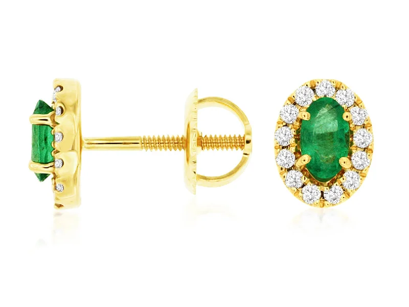 Ladies aged metal earrings -14K Yellow Gold Oval Emerald with Diamond Halo Stud Earrings