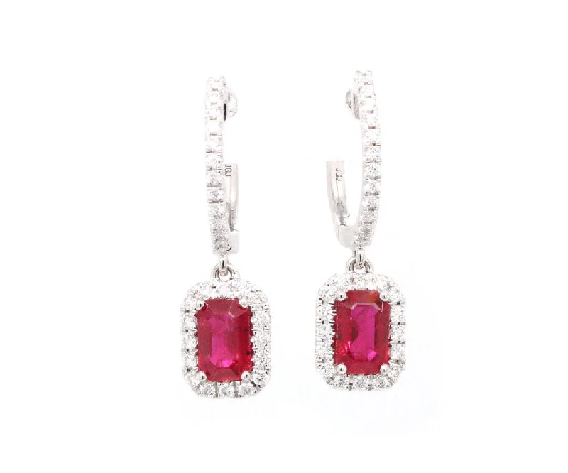 Ladies memory gleam earrings -New 1.18ctw Emerald Cut Ruby and 0.33ctw Diamond Frame Drop Earrings in 14K