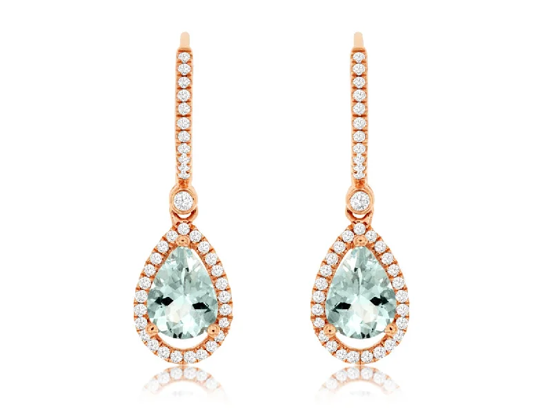 Ladies intricate chandelier earrings -14K Rose Gold Pear Shape Aquamarine with Diamond Halo Dangle Earrings