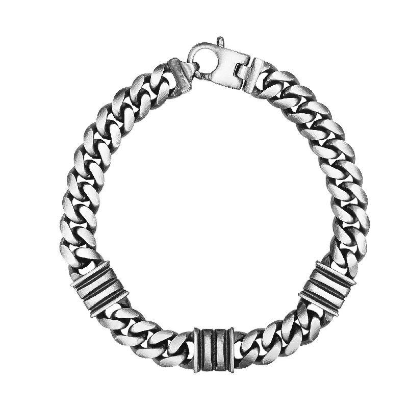 ladies charm bracelets animal designs -Silver 9.2mm Mens Gunmetal Triple Bar Station Bracelet