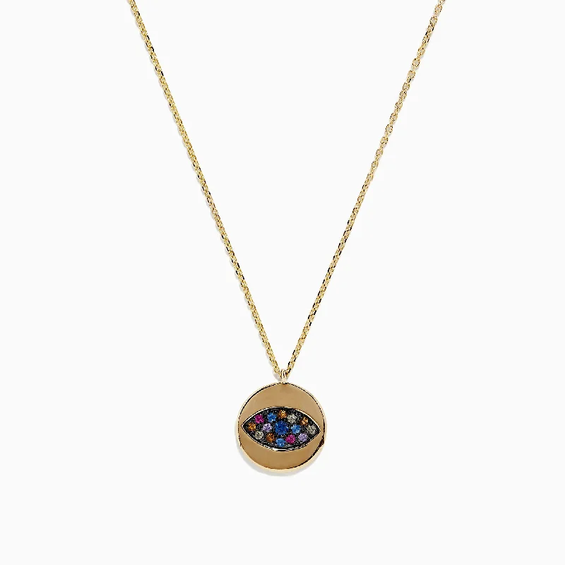 Ladies Necklaces with Red Pyroxmangite-14K Yellow Gold Multi Sapphire and Diamond Evil Eye Necklace, 0.29 TCW