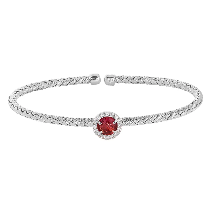 rope design bracelets for women -Rhodium Finish Sterling Silver Basketweave Cable Cuff  Bracelet with a Round Pink Stone and Simulated Diamonds