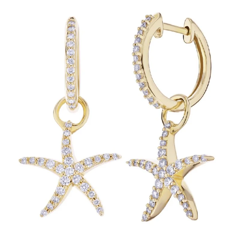 Ladies confident gleam earrings -Yellow Gold Diamond Hoop & Starfish Dangle Earrings