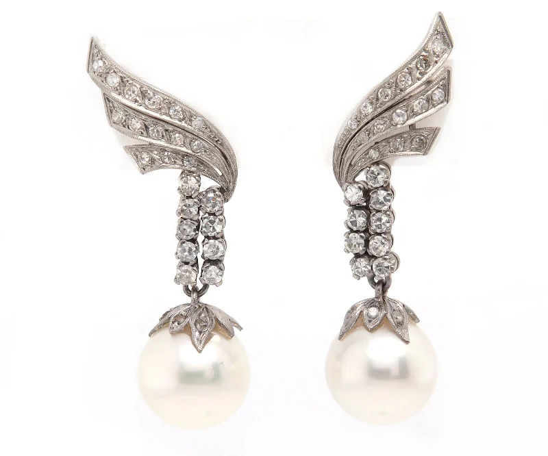 Ladies shiny gloss earrings -Vintage 0.80ctw Single Cut Diamond and South Sea Pearl Dangle Earrings Platinum