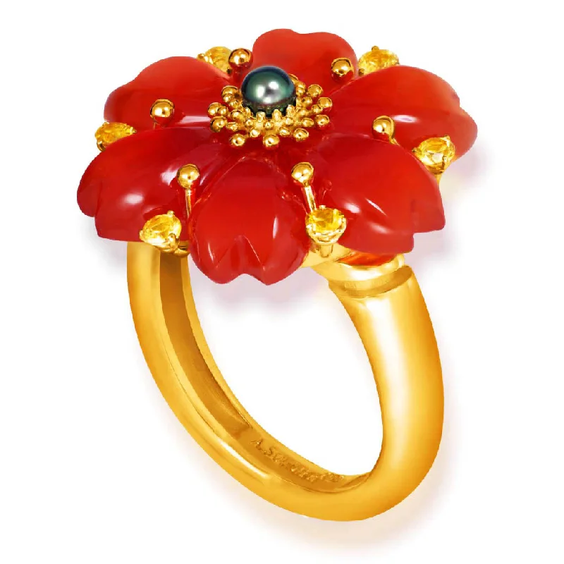 Ladies rhinestone pop rings -Gold Blossom Ring with Carnelian & Sapphire