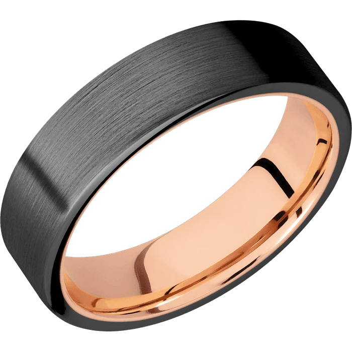 Ladies graceful charm rings -6mm wide Flat Black Titanium Ring with Satin Finish / 14k Rose Gold Sleeve