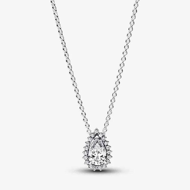 Ladies Necklaces with Custom Spark-PANDORA : Sparkling Pear Halo Collier Necklace