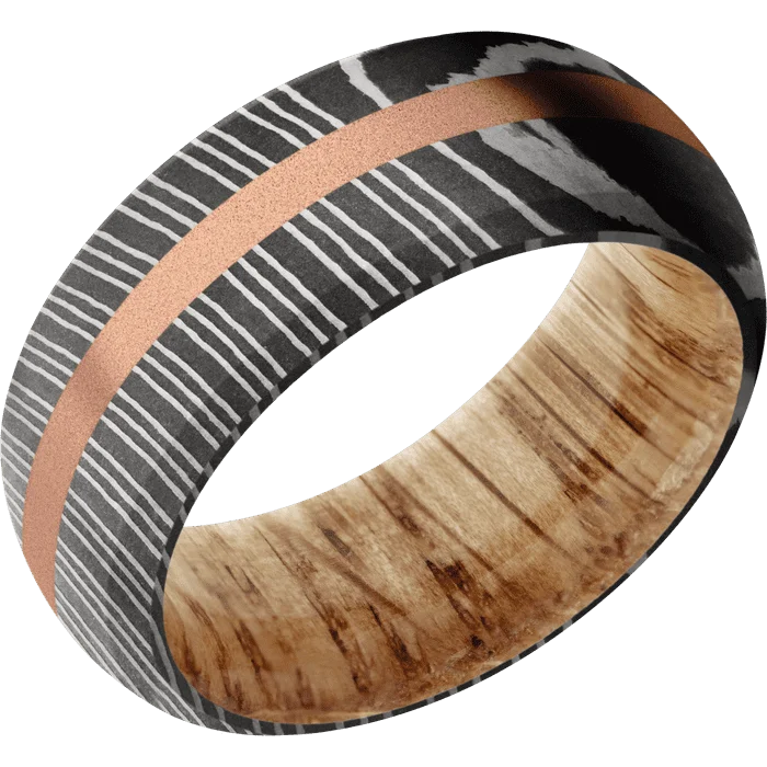 Ladies festive flair rings -9mm wide Domed Bevel Damascus Steel Ring with Acid Damascus Finish / One 2mm Centered 14k Rose Gold Inlay with Sand Blast Finish / Natural Oak Sleeve