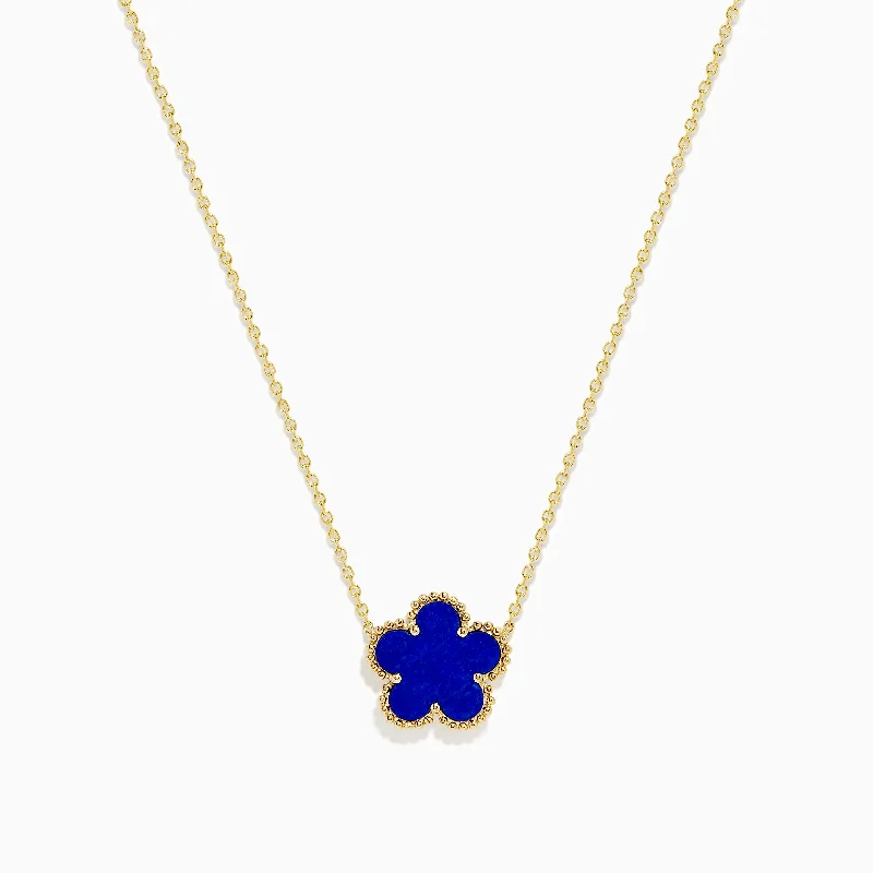 Ladies Necklaces with Green Grandidierite-Novelty 14K Yellow Gold Lapis Flower Necklace