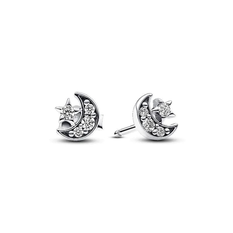 Ladies nostalgic retro earrings -Pandora Sparkling Moon & Star Stud Earrings 292990C01