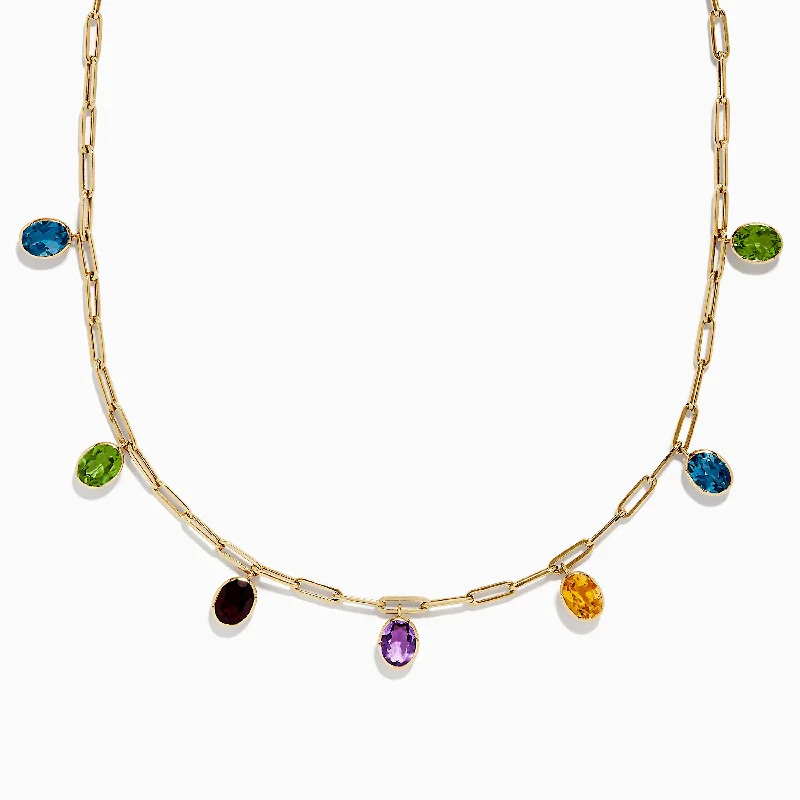 Ladies Necklaces with Bright Sunstone-Mosaic 14K Yellow Gold Multi Gemstone Charm Necklace