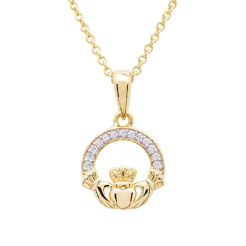 Ladies Necklaces Timeless Glow-Shanore : 14KT Gold Vermeil Claddagh Necklace Studded with White Cubic Zirconias