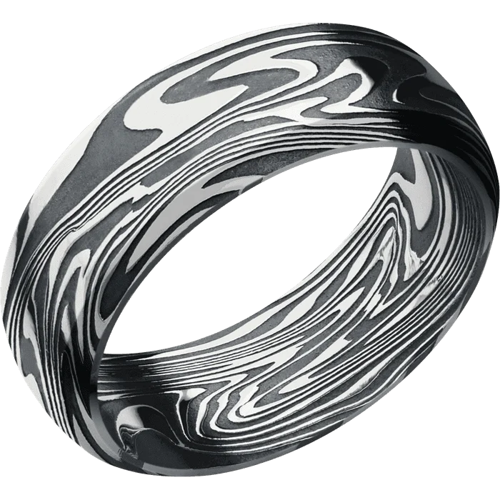 Ladies gleaming platinum rings -8mm wide Domed Bevel Kinetic Damascus Steel Ring with Tumble Kuro Damascus Finish