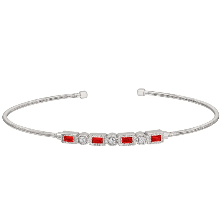 minimalist dot bracelets for women -Rhodium Finish Sterling Silver Cable Cuff Bracelet with Simulated Ruby and Simulated Diamonds