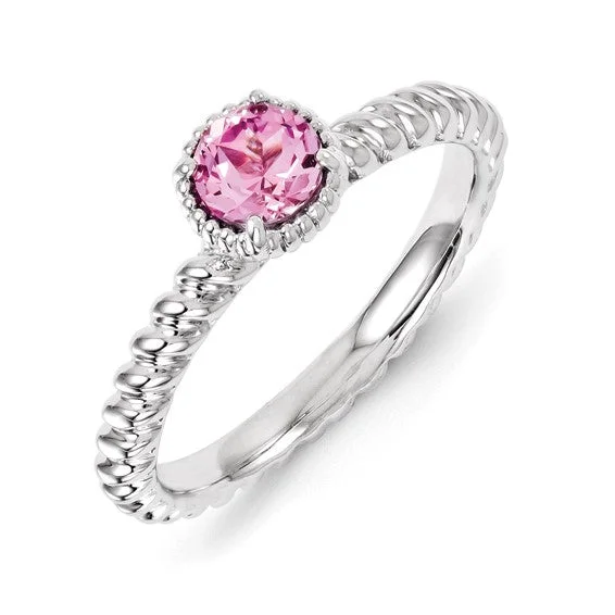 Ladies vibrant fashion rings -Sterling Silver Stackable Expressions Pink Sapphire Round Ring