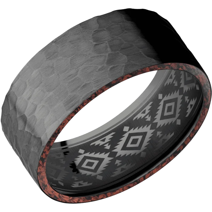 Ladies braided weave rings -9mm wide Flat Black Titanium Ring with Hammer Finish / Two 1mm Side Red Dinosaur Bone Inlay / None Interior Pattern