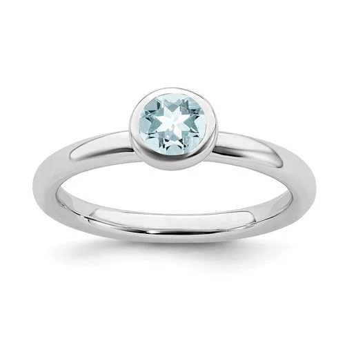 Ladies tribal rhythm rings -Sterling Silver Stackable Expressions 5mm Round Low Set Light Aquamarine Ring