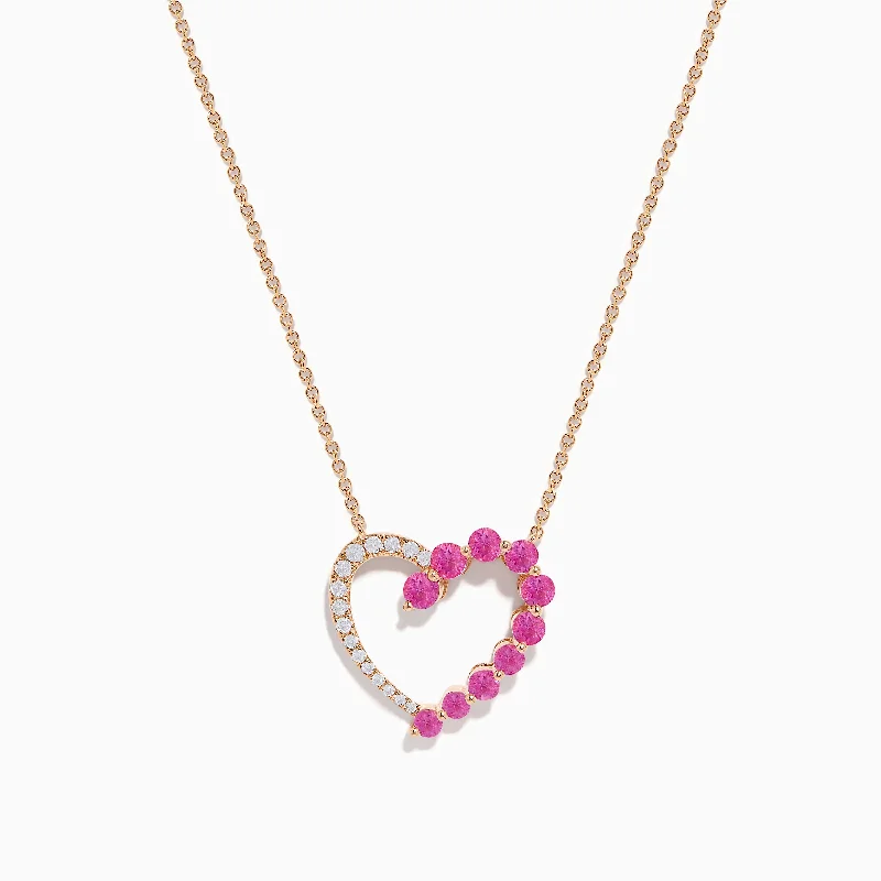 Ladies Necklaces Bright Spark-14K Rose Gold Pink Sapphire and Diamond Open Heart Necklace