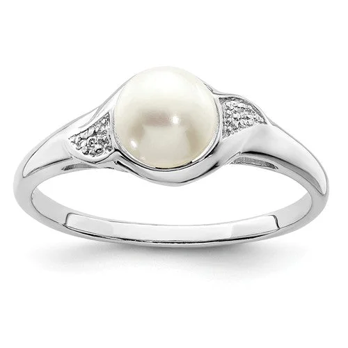 Ladies smooth ceramic rings -Sterling Silver Diamond And Freshwater Cultured Pearl Ring