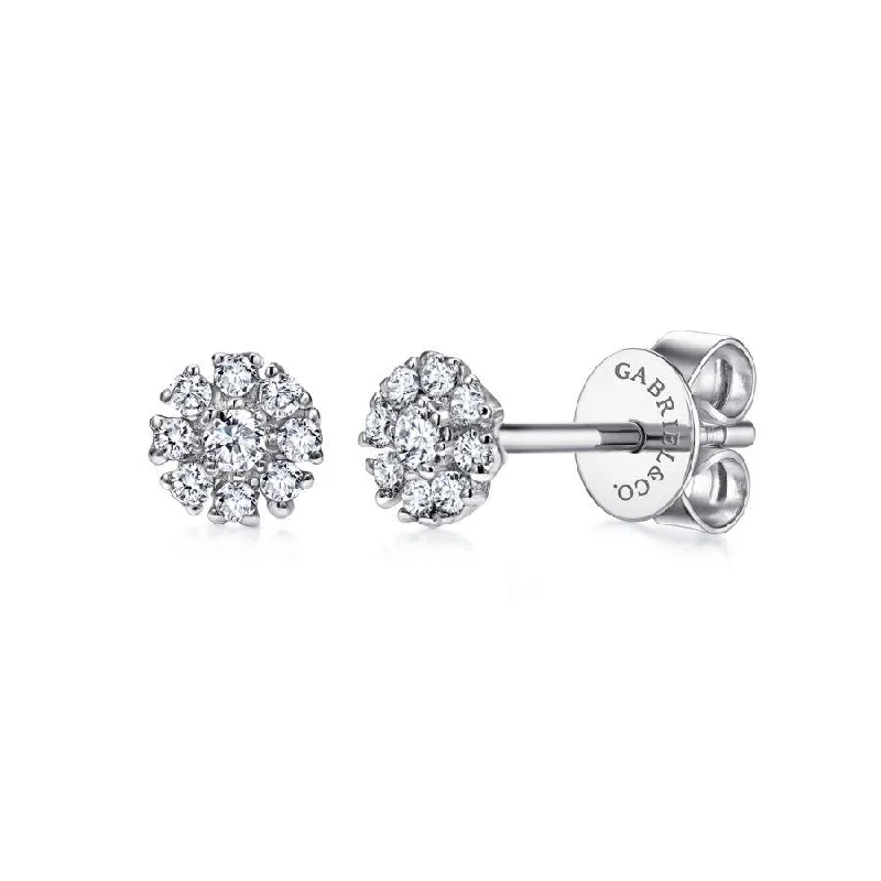 Ladies playful shine earrings -Gabriel & Co. - EG12377W45JJ - 14K White Gold Floral Round Diamond Stud Earrings