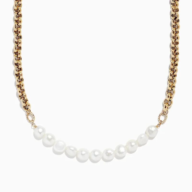 Ladies Necklaces Dark Glow-14K Yellow Gold Cultured Fresh Water Pearl &Gold Chain Necklace