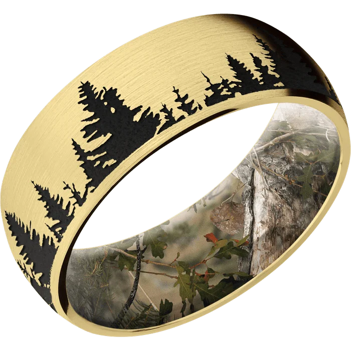 Ladies lush emerald rings -8mm wide Domed 10k Yellow Gold Ring with Satin Finish / Trees Design and Black Cerakote Accents / Kings Mountain Camo Sleeve