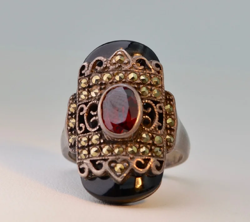 Ladies anniversary sparkle rings -Onyx Marcasite Garnet Ring in Sterling Silver