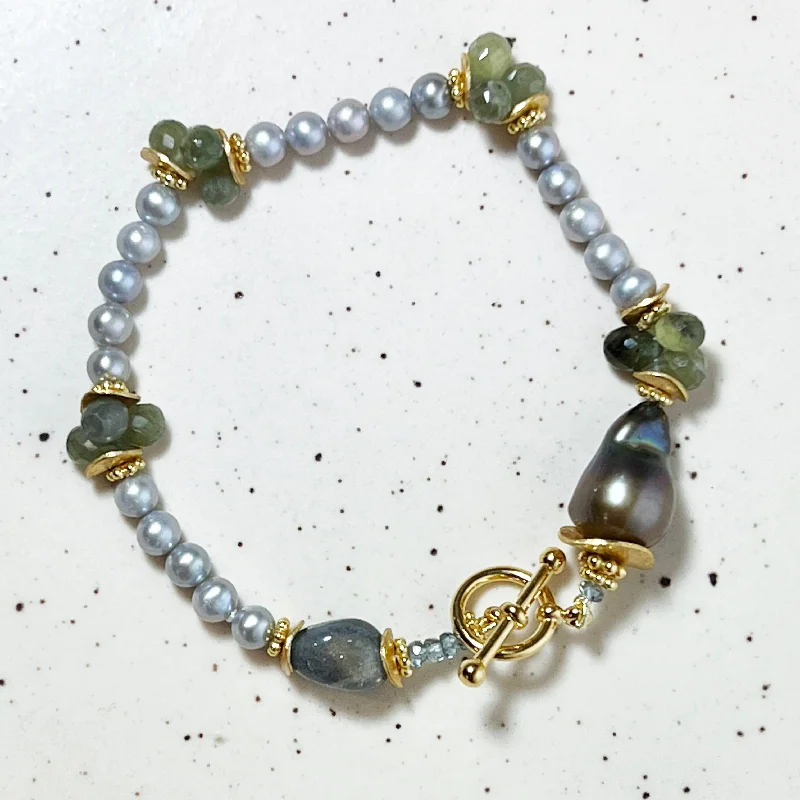 minimalist black bracelets for women -Gray Fresh Water Pearl, Green Sapphire, Jumbo Brown Baroque Pearl,Labradorite  Bracelet