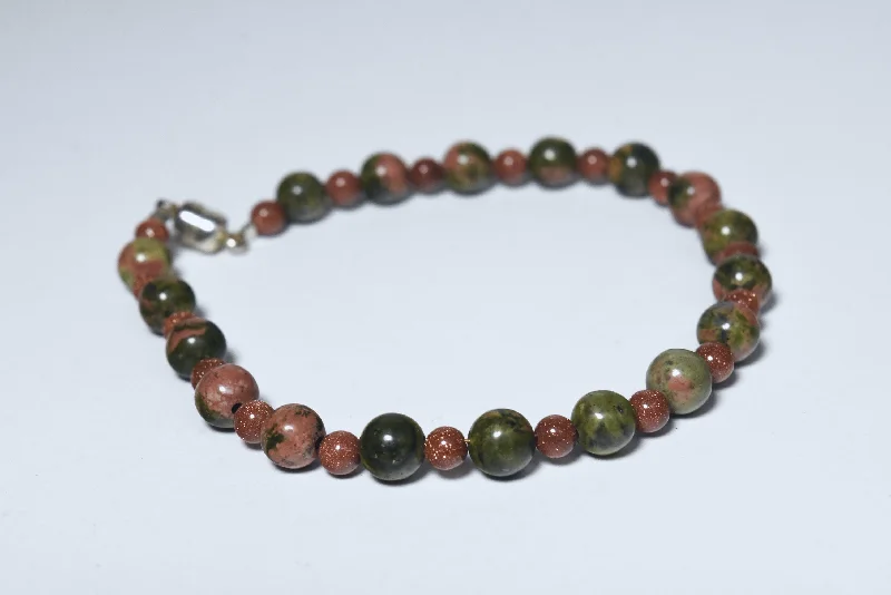 ladies gold bracelets vine patterns -Unakite and Goldstone Beaded Bracelet