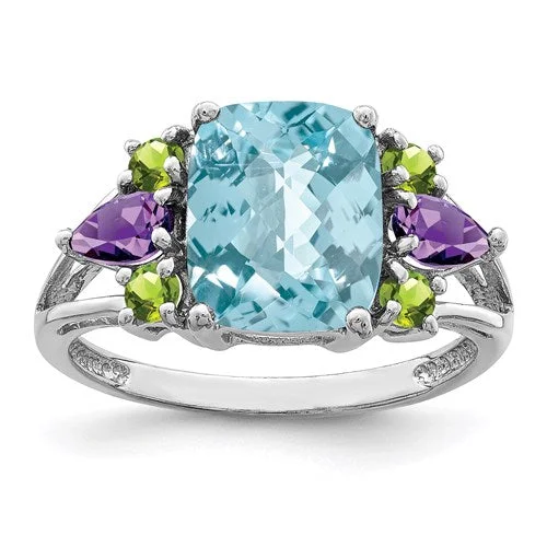 Ladies slim sparkle rings -Sterling Silver Ant. Cushion Swiss Blue Topaz, Amethyst & Peridot Ring