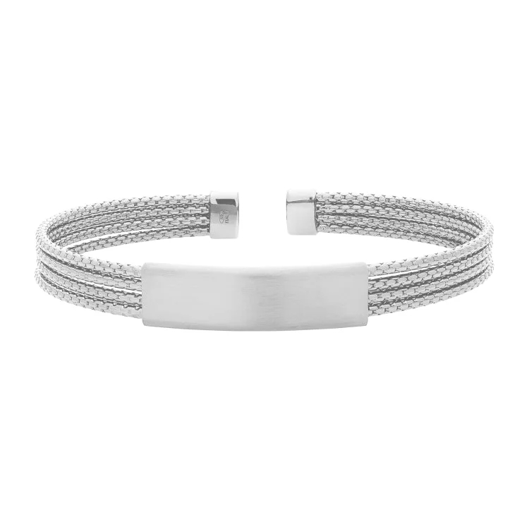 ladies braided bracelets stylish -Rhodium Finished Sterling Silver 4 Cable ID Cuff Bracelet