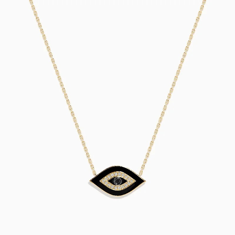 Ladies Necklaces with Lavender Lepidolite-Novelty 14K Yellow Gold Black Enamel and White Diamond Evil Eye Necklace