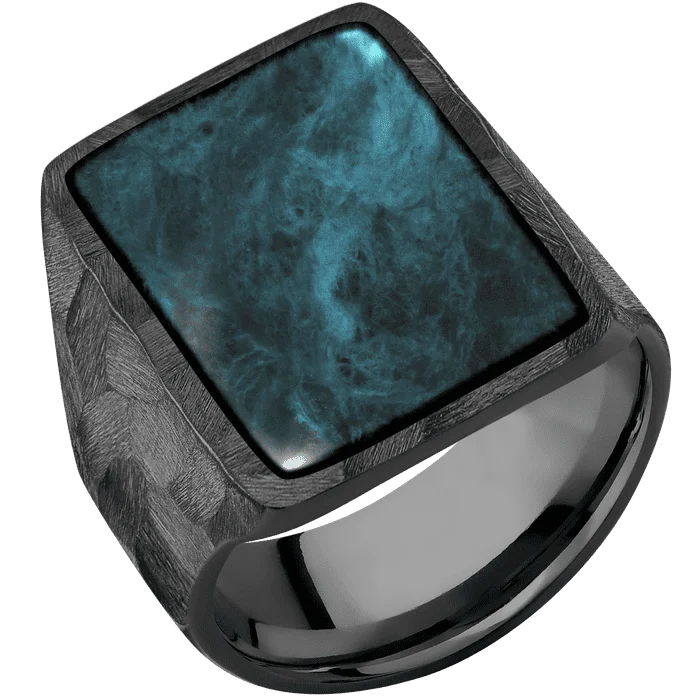 Ladies satin finish rings -Rectangle Black Titanium Signet Ring / Rock Ring Finish and Rock Signet Finish / Washington Blue Jade Inlay with Semi-Precious Polish Finish / Size 9