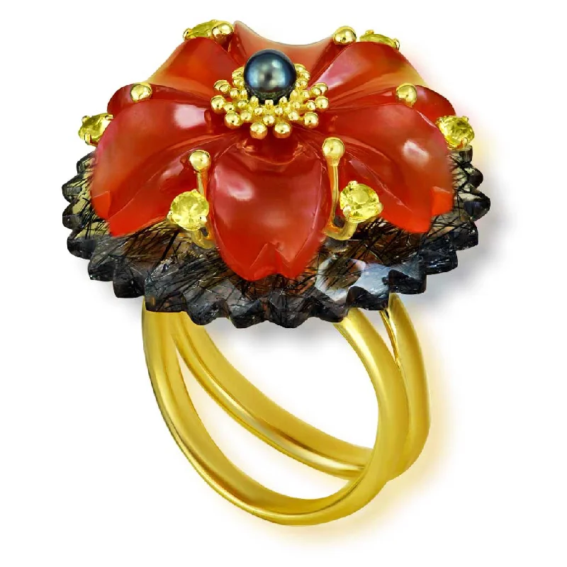 Ladies high sheen rings -Gold Blossom Ring with Carnelian & Rutilated Quartz