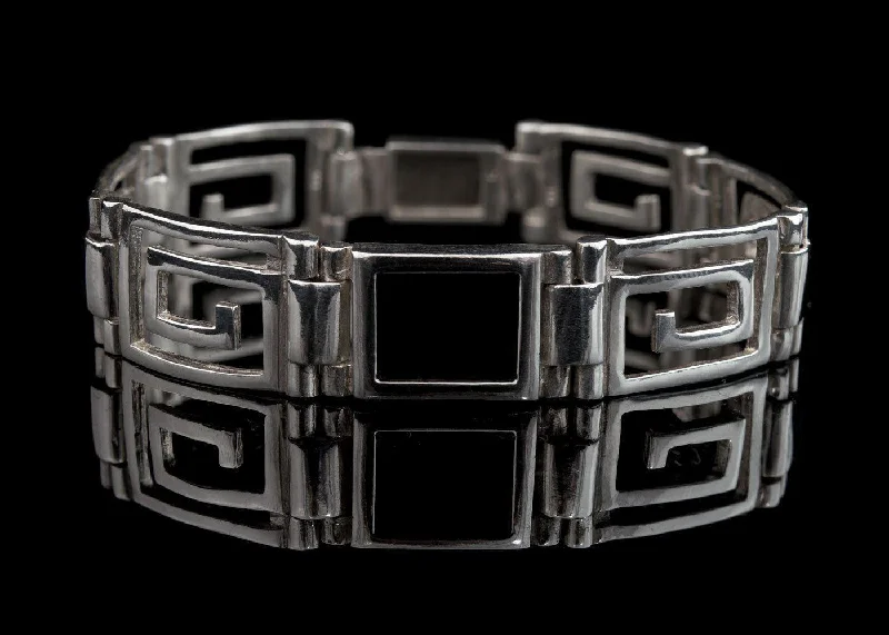 ladies silver bracelets ruby stones -Greek Key Meander Bracelet in Sterling Silver with onyx (B-94)