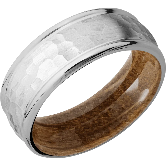 Ladies gem burst rings -8mm wide Domed Rounded Edges Inconel Ring with Hammer Finish / Whiskey Barrel Sleeve