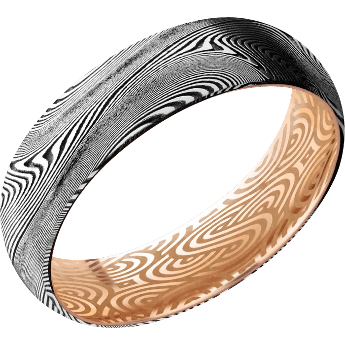 Ladies sunny breeze rings -6mm wide Domed Tightweave Damascus Steel Ring with Tumble Kuro Damascus Finish / 14k Rose Gold Sleeve / None Interior Pattern