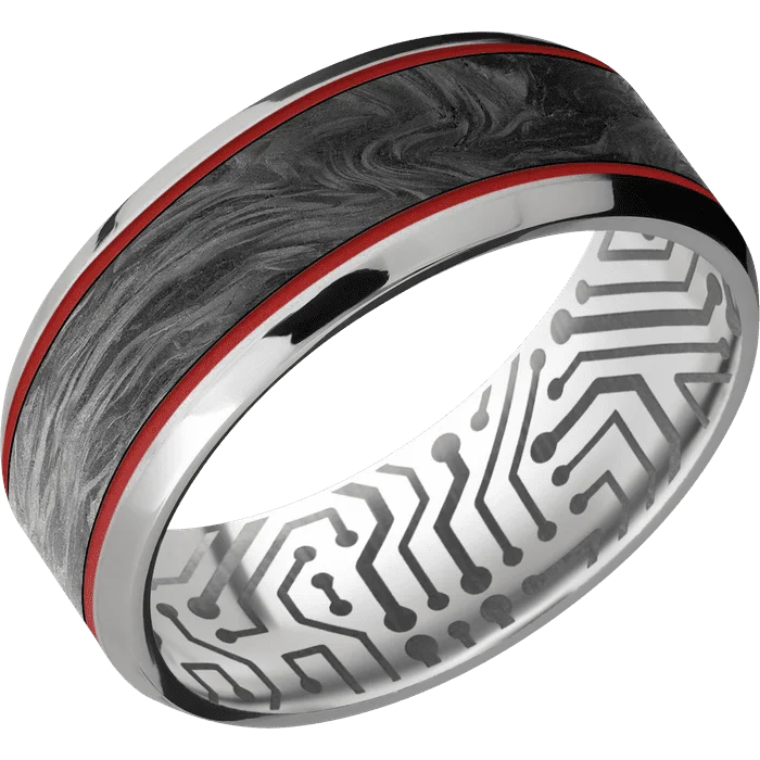 Ladies vintage grace rings -8mm wide Beveled Titanium Ring with Bead Blast Finish / One 5mm Centered Forged Carbon Fiber Inlay and USMC Red Cerakote Accents / None Interior Pattern