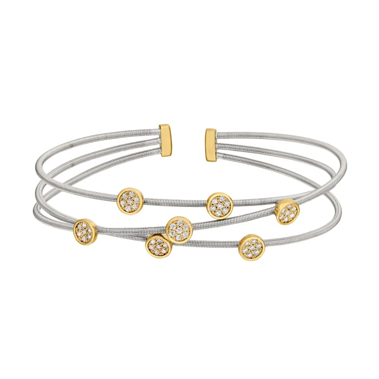 gold spiral bracelets for women -Rhodium Finish Sterling Silver Three Cable Cuff Bracelet with Gold Finish Simulated Diamond Small Circles