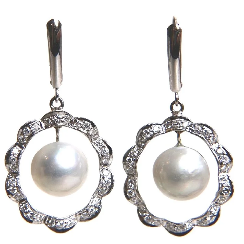 Ladies warm gleam earrings -Jewelers Trade Shop Diamond Flower Mobe Pearl Earrings