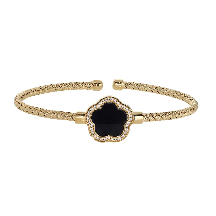 ladies rose gold bracelets star design -Gold Finish Sterling Silver Basketweave Cable Cuff  Bracelet with a Flower Shaped Onyx Stone and Simulated Diamonds