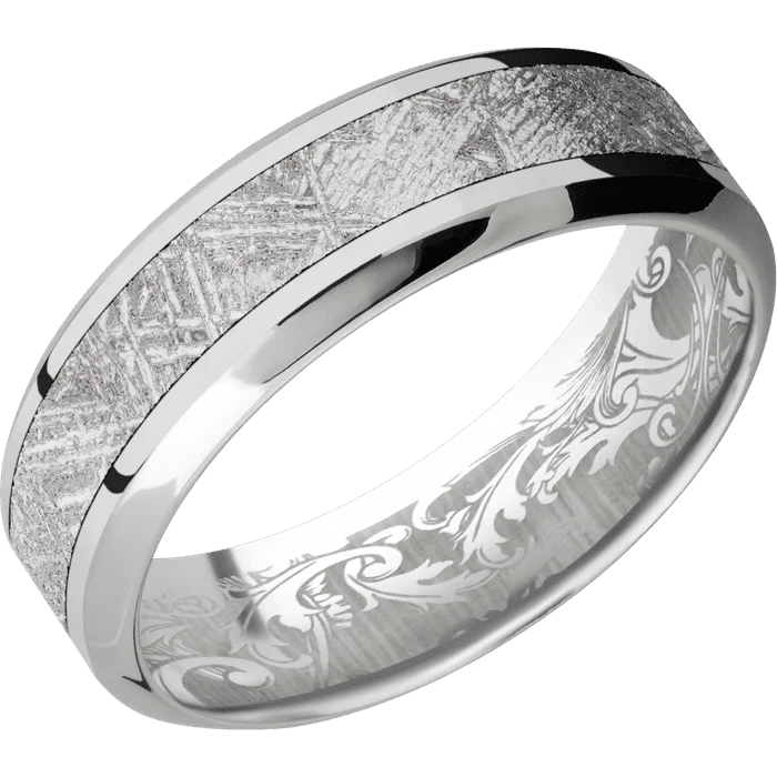 Ladies anniversary sparkle rings -7mm wide High Bevel 18k White Gold Ring with Polish Finish / One 3mm Centered Meteorite Inlay / None Interior Pattern