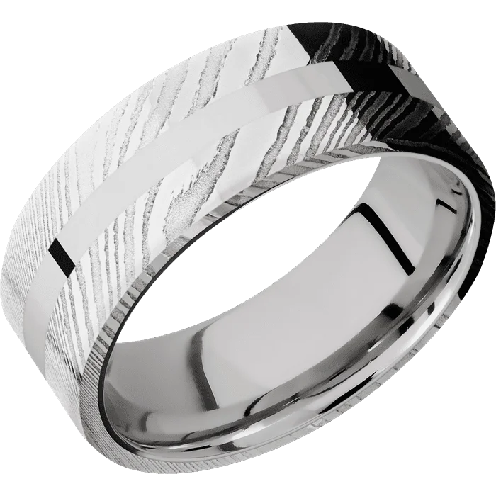 Ladies feathery light rings -8mm wide Flat Damascus Steel Ring with Polish Damascus Finish / One 2mm Centered 14k White Gold Inlay with Polish Finish / 14k White Gold Sleeve