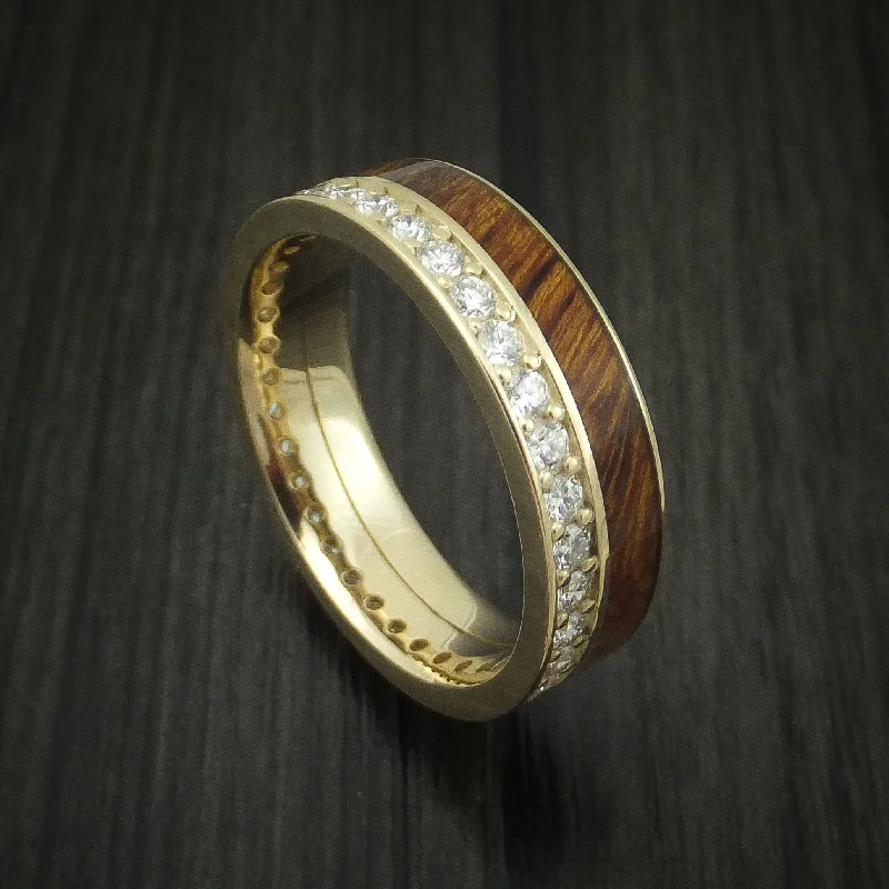 Ladies gothic shadow rings -14K Yellow Gold Eternity Diamond Band with Desert Ironwood Burl Inlay Custom Made Ring