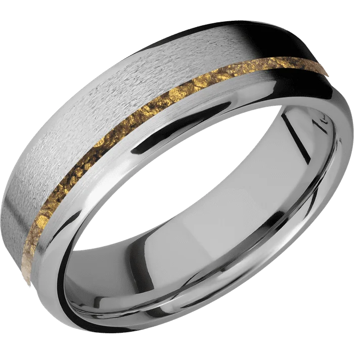 Ladies radiant glitter rings -7mm wide Beveled Titanium Ring with Stone Finish / One 1mm Off Center 24k Raw Gold Nugget Inlay