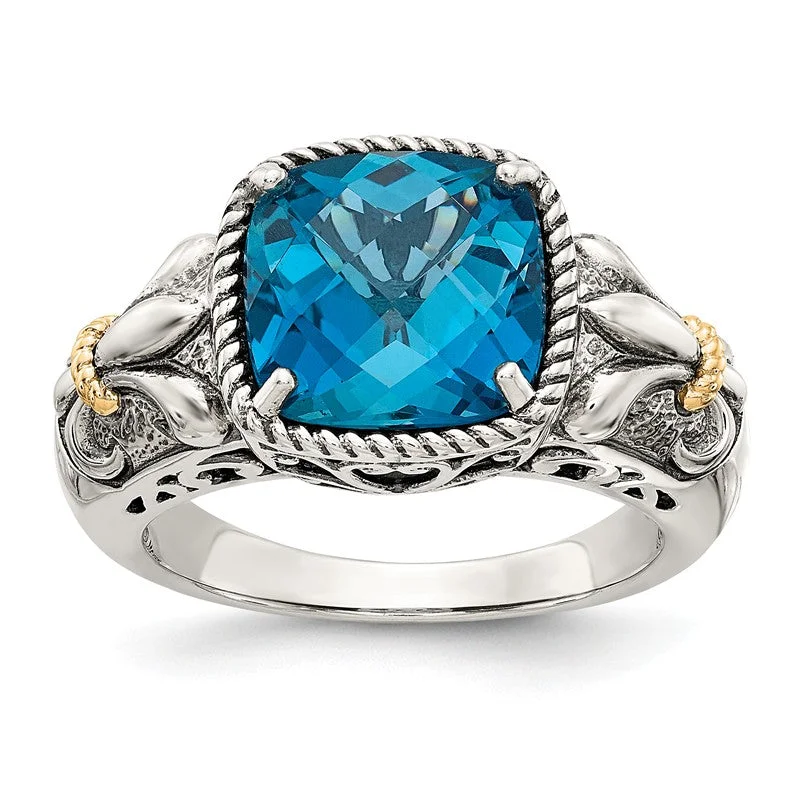 Ladies cat whisker rings -Shey Couture Sterling Silver w/ 14k Gold Accents Cushion London Blue Topaz Fleur-de-lis Ring