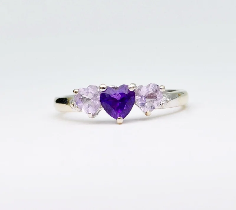 Ladies snug fit rings -14K white gold ring with 3 heart-shaped Amethysts