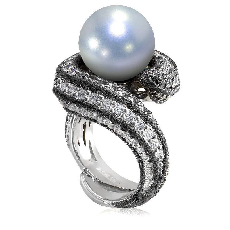 Ladies ocean swirl rings -Gold Twist Ring With Pearl & White Diamonds