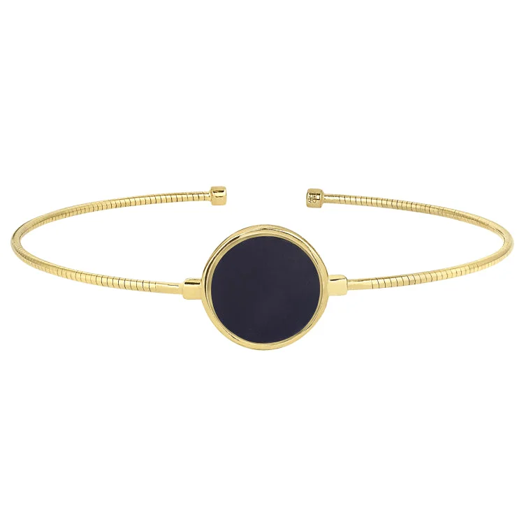 animal motif bracelets for women -Gold Finish Sterling Silver Rounded Omega Cable Cuff Bracelet with a Round Black Murano Stone